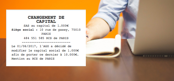 annonce legale changement de capital